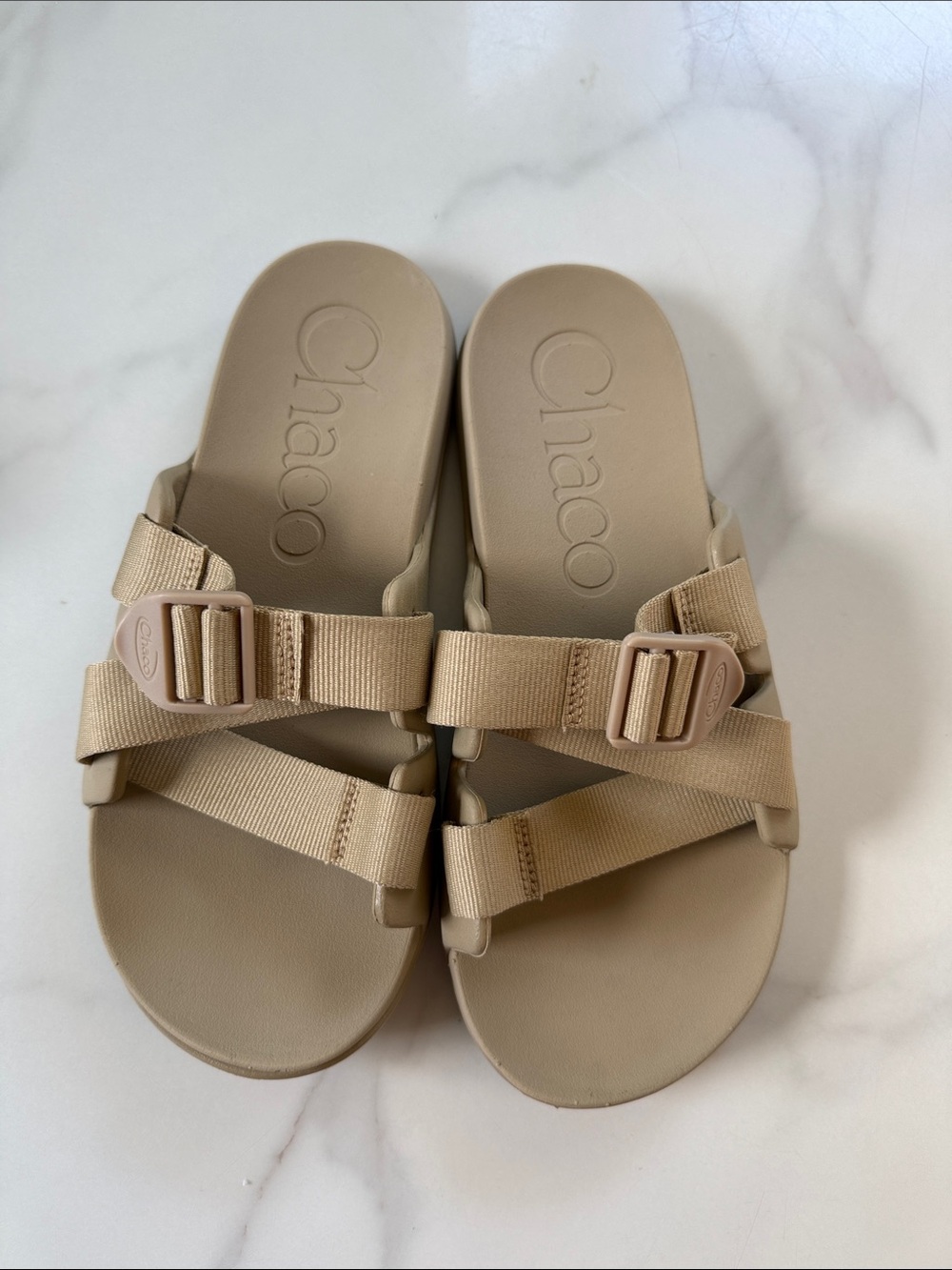 Chaco Women's Tan Slide Sandals with Adjustable Webbing Straps
